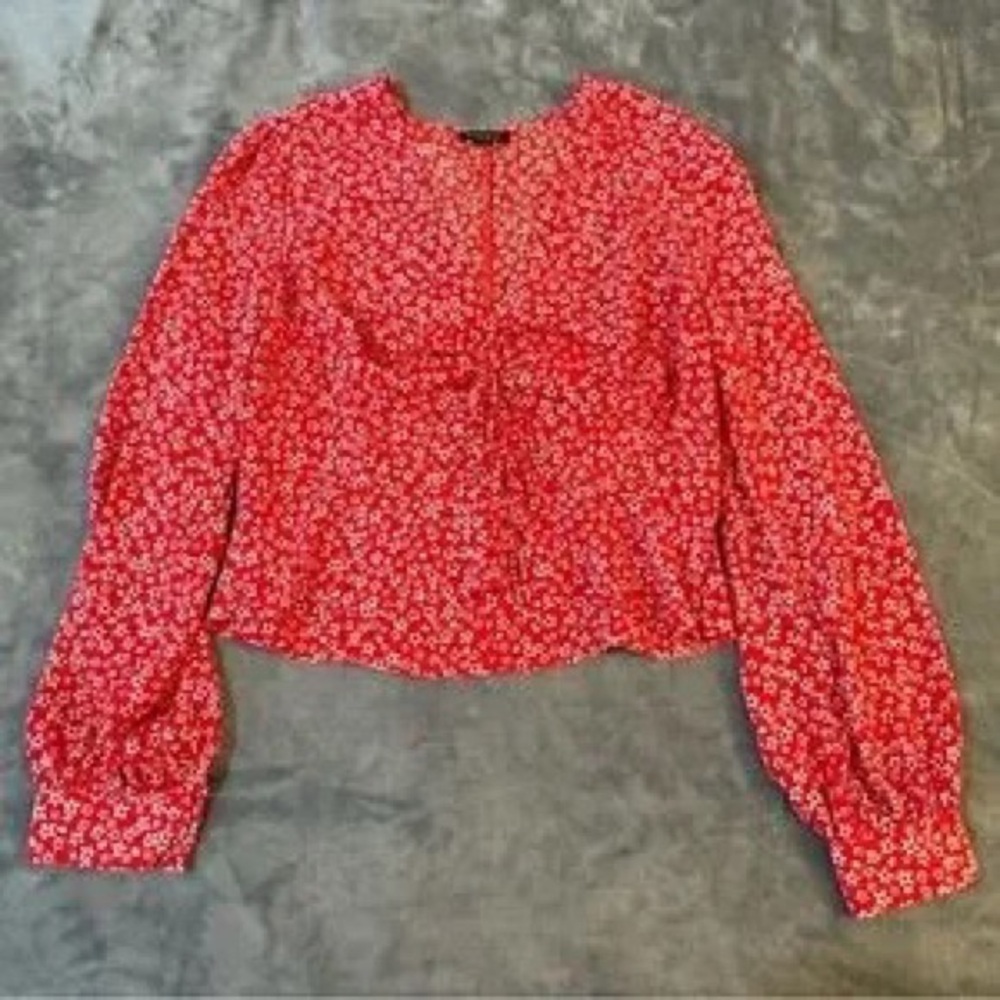 Red Floral Long-Sleeve Peplum Top